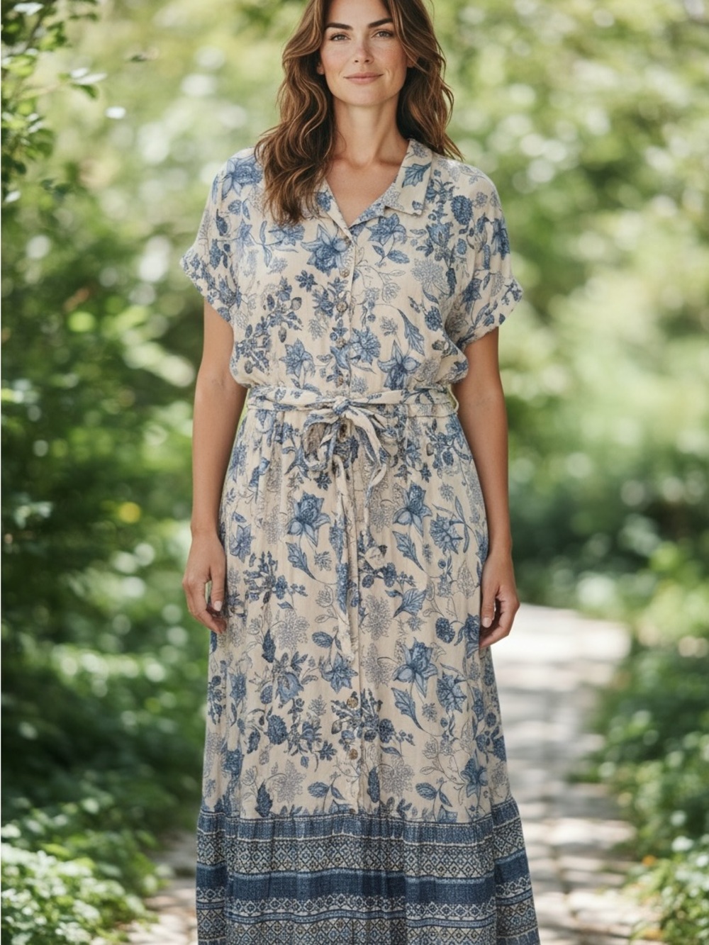 Lucky Brand 95% rayon 5% spandex Floral Button-Front Blue Print Midi Dress